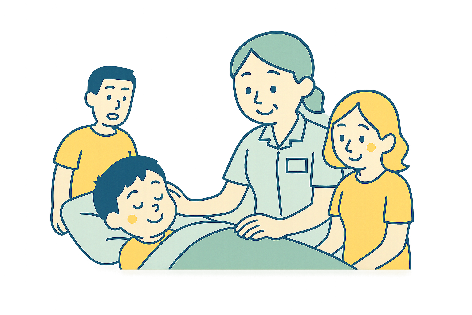看護師と子どもとご家族の温かい風景